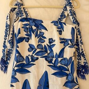 NWT CALYPSO ST. BARTH Linen Blend Beaded Strap Placed Print Midi Dress (XS)